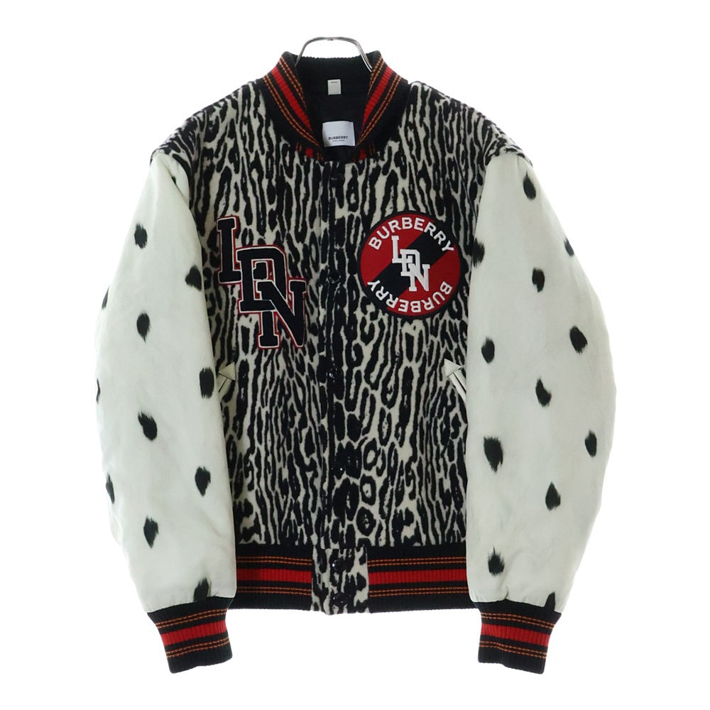 BURBERRY(バーバリー) 20年リゾートコレクション ワッペンロゴウールスタジャン ナイロンスリーブブルゾン ゼブラ×ダルメシアン柄 ブラック×ホワイト×レッド 8025114