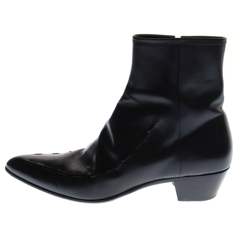 YVES SAINT LAURENT(イヴサンローラン) レザー装飾 ポインテッドトゥ サイドジップ レザー ヒール アンクルブーツ ブラック 648993