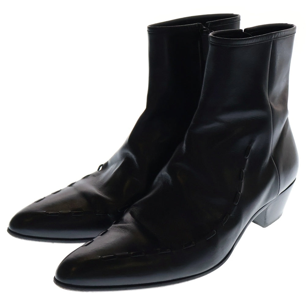 YVES SAINT LAURENT(イヴサンローラン) レザー装飾 ポインテッドトゥ サイドジップ レザー ヒール アンクルブーツ ブラック 648993