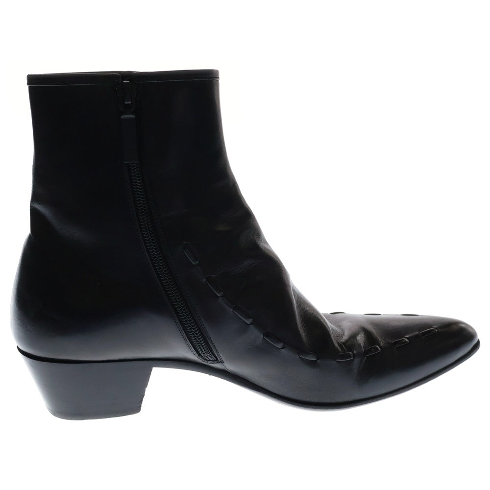 YVES SAINT LAURENT(イヴサンローラン) レザー装飾 ポインテッドトゥ サイドジップ レザー ヒール アンクルブーツ ブラック 648993