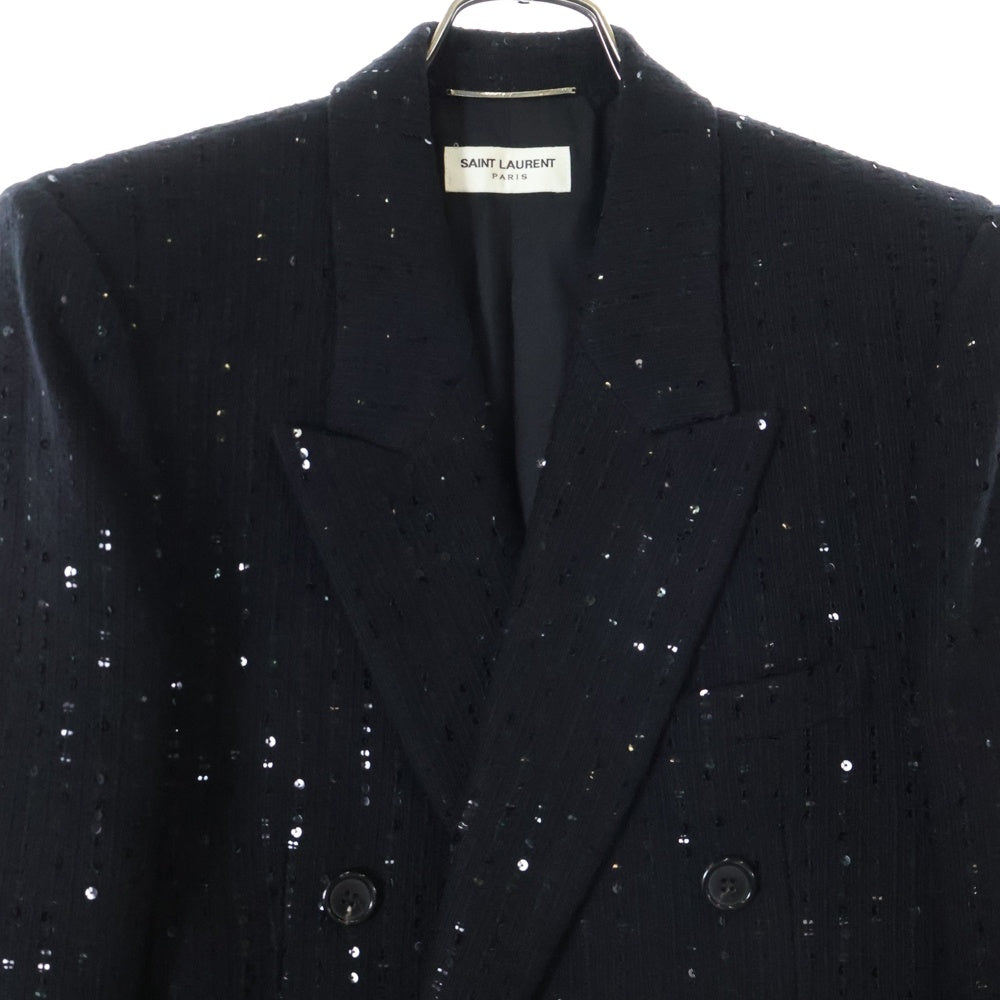 SAINT LAURENT PARIS(サンローランパリ) 22AW スパンコール ウール 裏地シルク ダブルブレストピークドラペル テーラードジャケット ブラック 706605 Y1F04