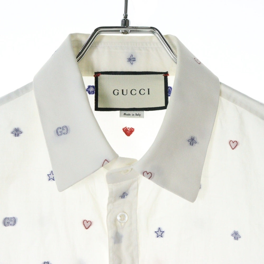GUCCI(グッチ) GGロゴ BEE ビー 蜂 ハート 刺? レギュラーカラー ロングスリーブ 長袖シャツ ホワイト 625883