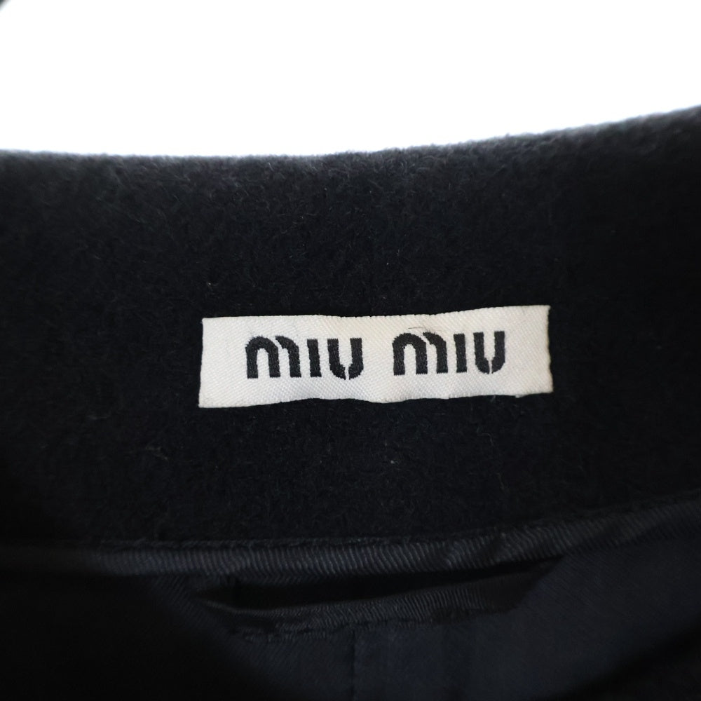 miumiu(ミュウミュウ) ノーカラー ウール レザー トグルボタン ショート クロップド ダッフルコート ジャケット ブラック レディース MH1229