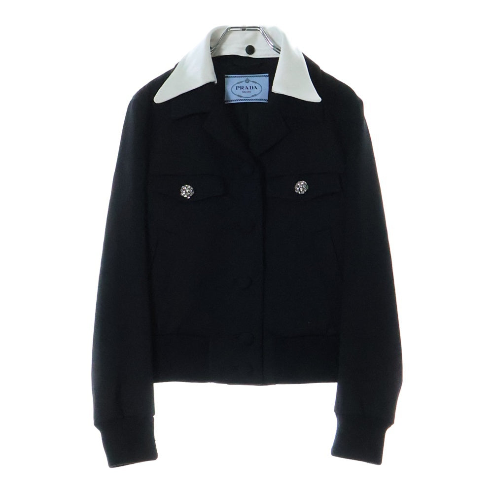 PRADA(プラダ) ビジューボタン ウール ダブルラペル ショート クロップド ジャケット ブルゾン ブラック レディース P5100 S000 13XS