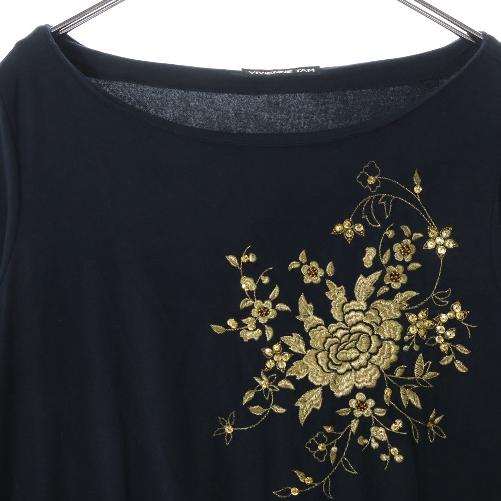 VIVIENNE TAM(ヴィヴィアンタム) フラワー刺繍 ビジュー装飾ロングスリーブカットソー 長袖Tシャツ ネイビー×ゴールド 016-260903