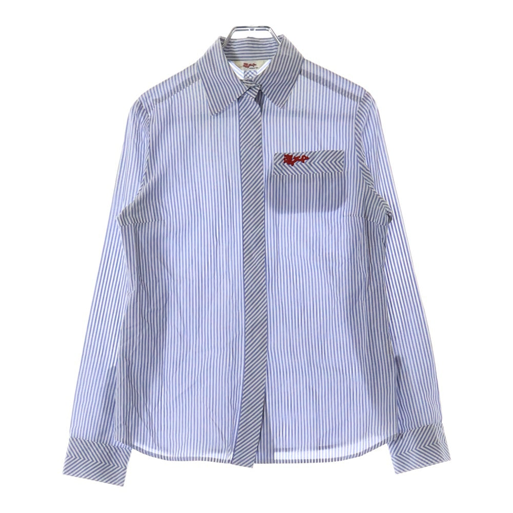 VIVIENNE TAM(ヴィヴィアンタム) ドラゴンモチーフ ストライプロングスリーブシャツ 比翼仕立て長袖シャツ ブルー×ホワイト レディース 016-210824