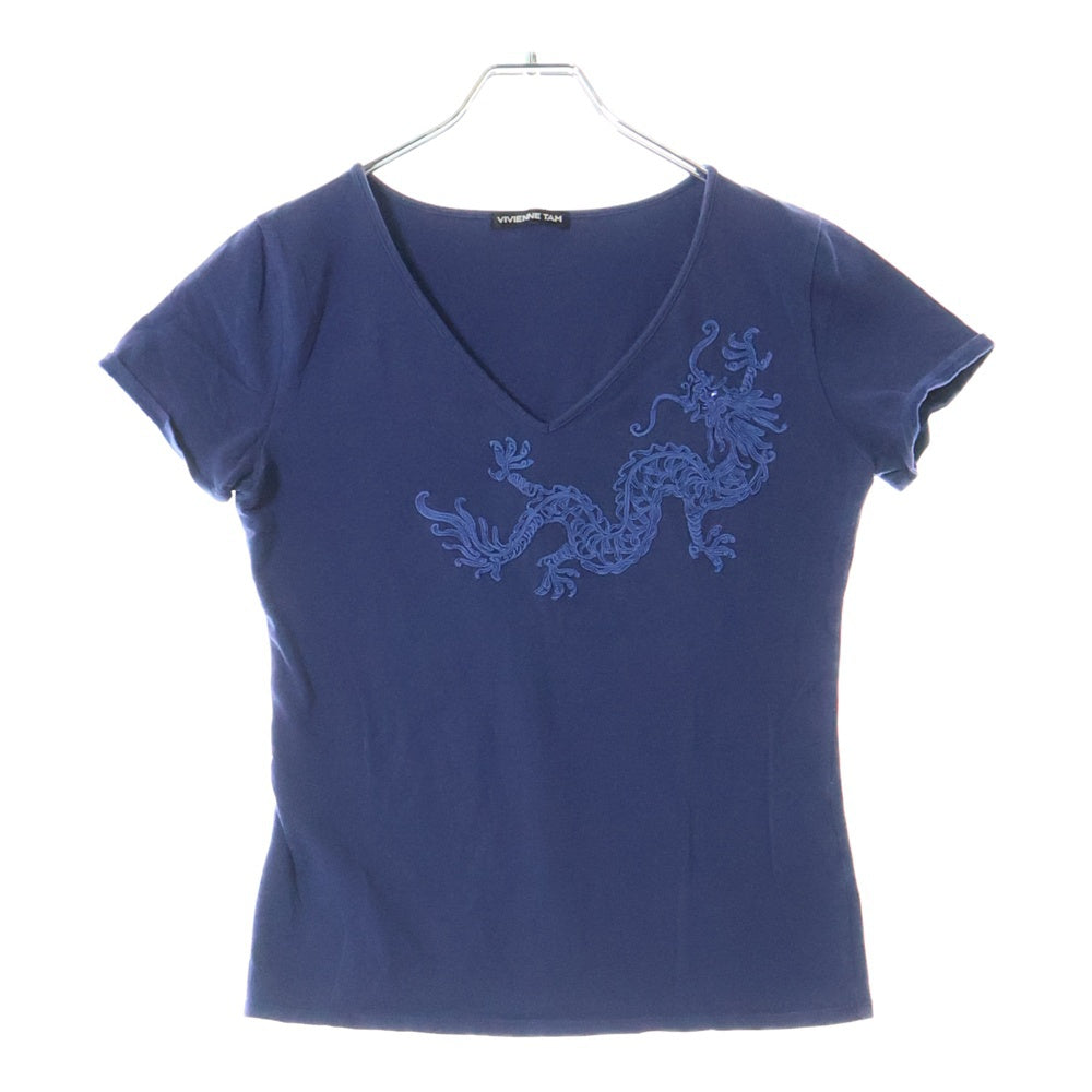 VIVIENNE TAM(ヴィヴィアンタム) ドラゴン刺繍 ビジュー刺繍Vネックカットソー 半袖Tシャツ ブルー 016-160211
