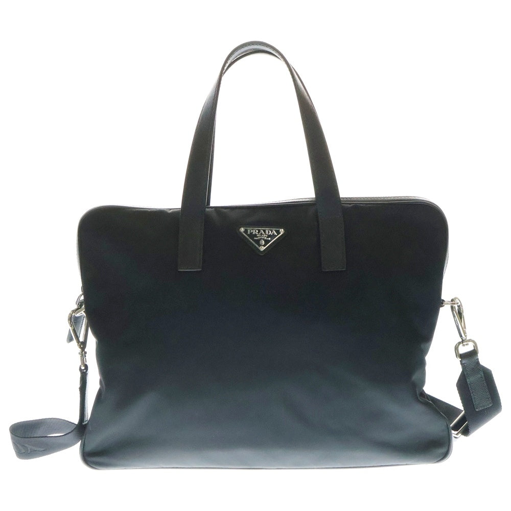 PRADA(プラダ) 2WAYビジネスバッグ ハンドバッグ ショルダーバッグ シルバー金具 ロゴ三角プレート ブラック サフィアーノ×ナイロン 2VE368