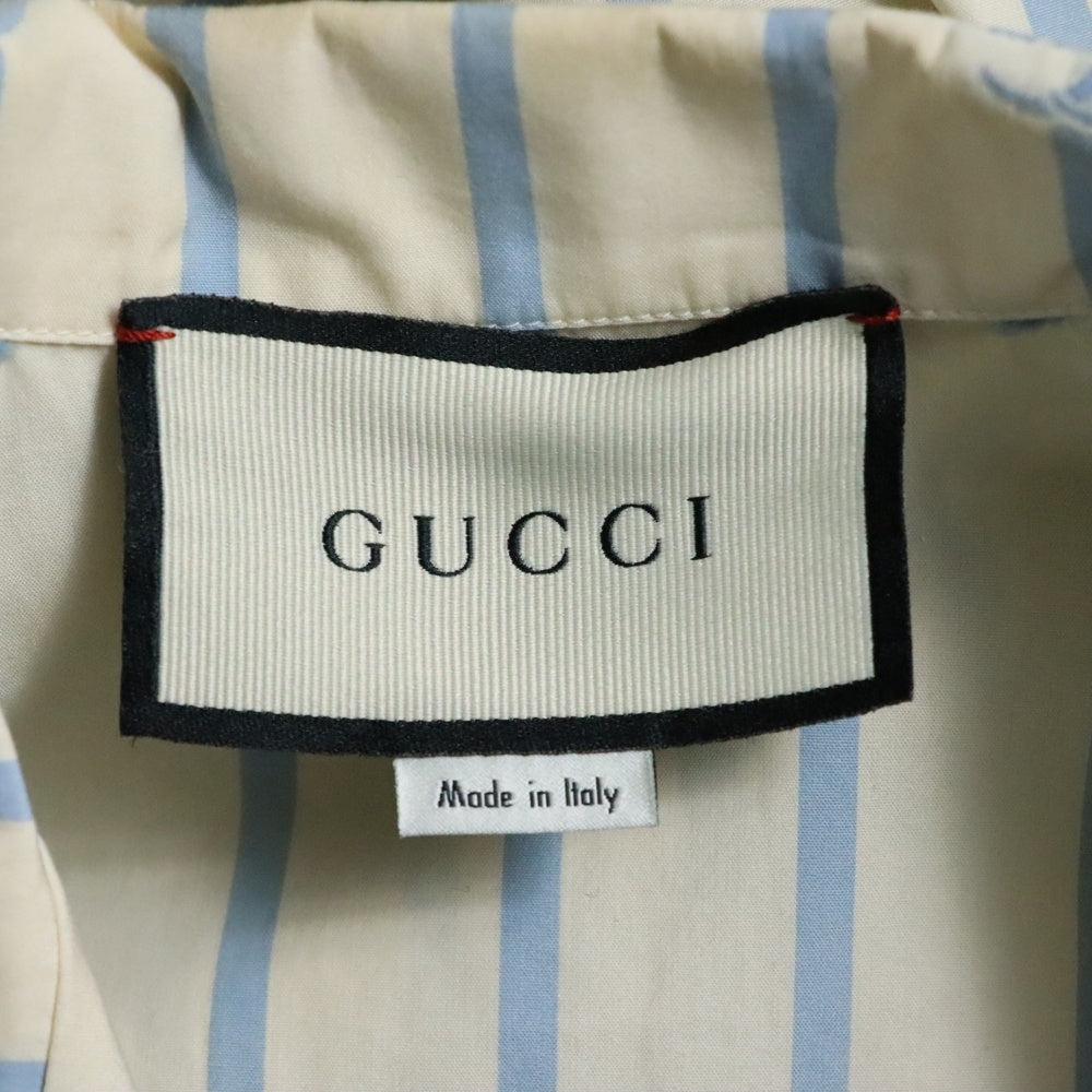 GUCCI(グッチ) GG刺繍 ストライプ総柄 オープンカラー 半袖シャツ イエロー/ライトブルー 623156