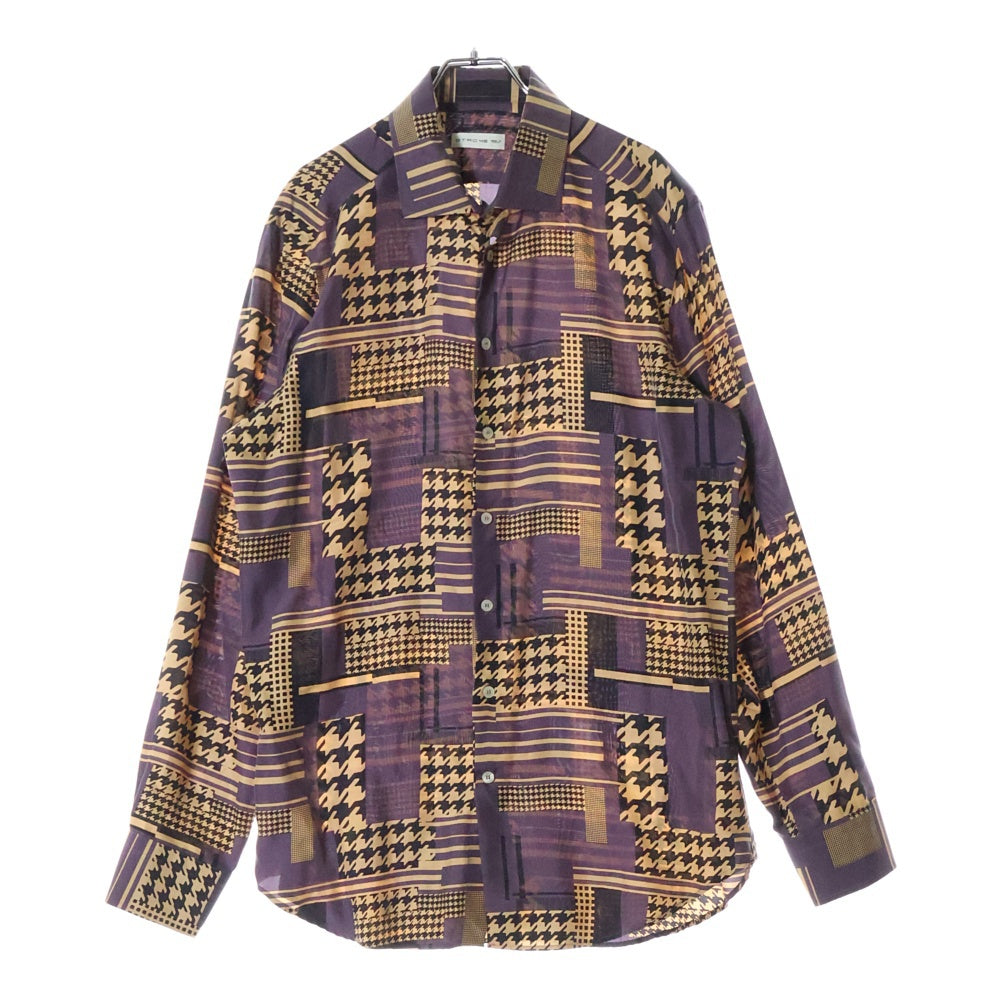 ETRO(エトロ) ガンクラブチェック 千鳥 総柄プリント シルク ロングスリーブ 長袖シャツ パープル/ベージュ 192-11451-5736