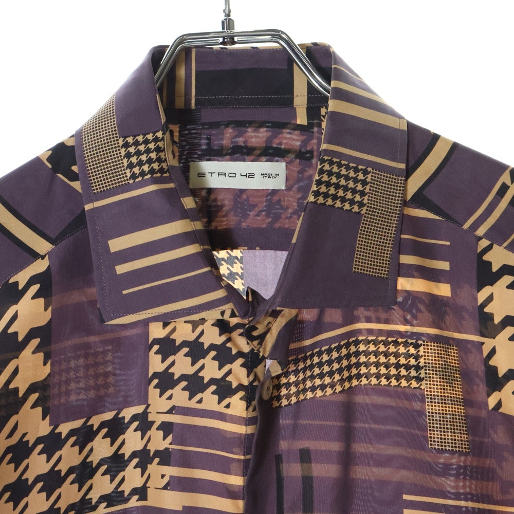 ETRO(エトロ) ガンクラブチェック 千鳥 総柄プリント シルク ロングスリーブ 長袖シャツ パープル/ベージュ 192-11451-5736