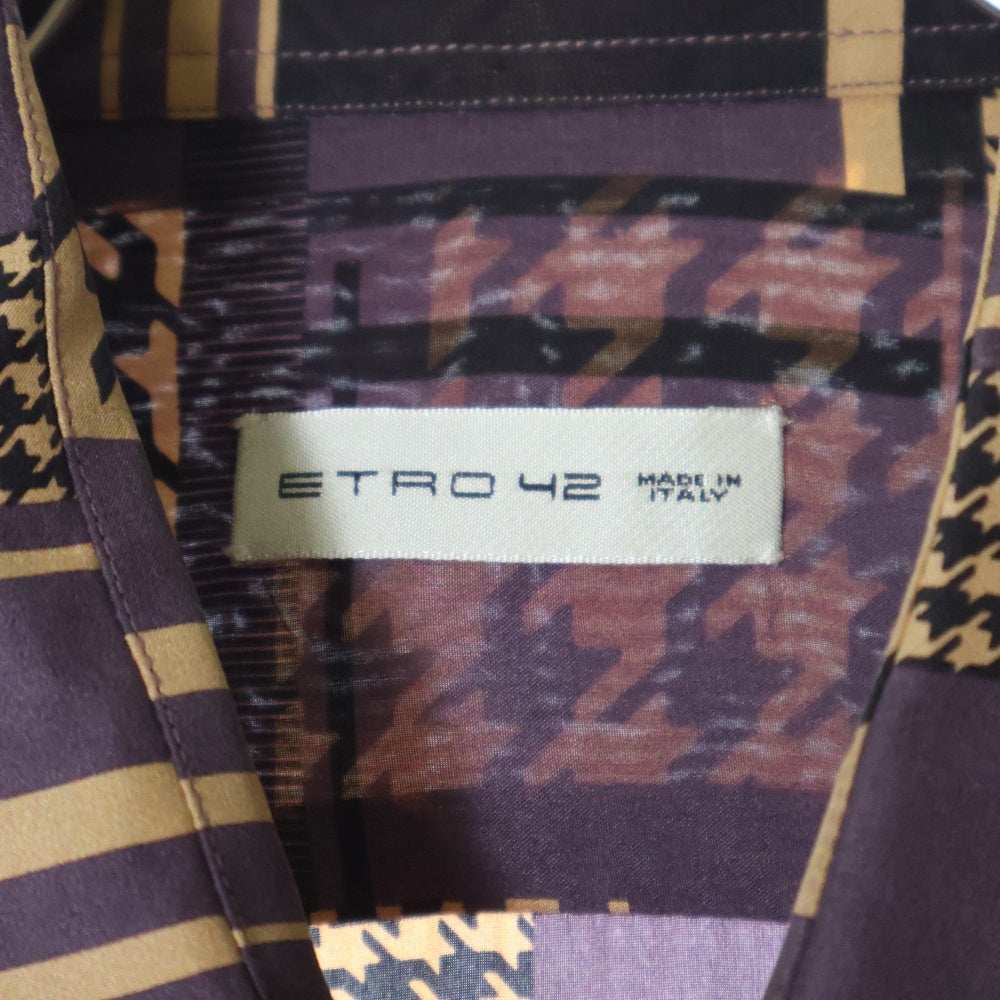 ETRO(エトロ) ガンクラブチェック 千鳥 総柄プリント シルク ロングスリーブ 長袖シャツ パープル/ベージュ 192-11451-5736