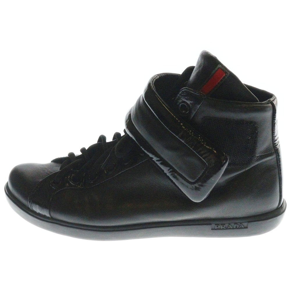 PRADA(プラダ) ラバーロゴ パテント コンビレザー レースアップ ハイカットスニーカー シューズ ブラック レディース