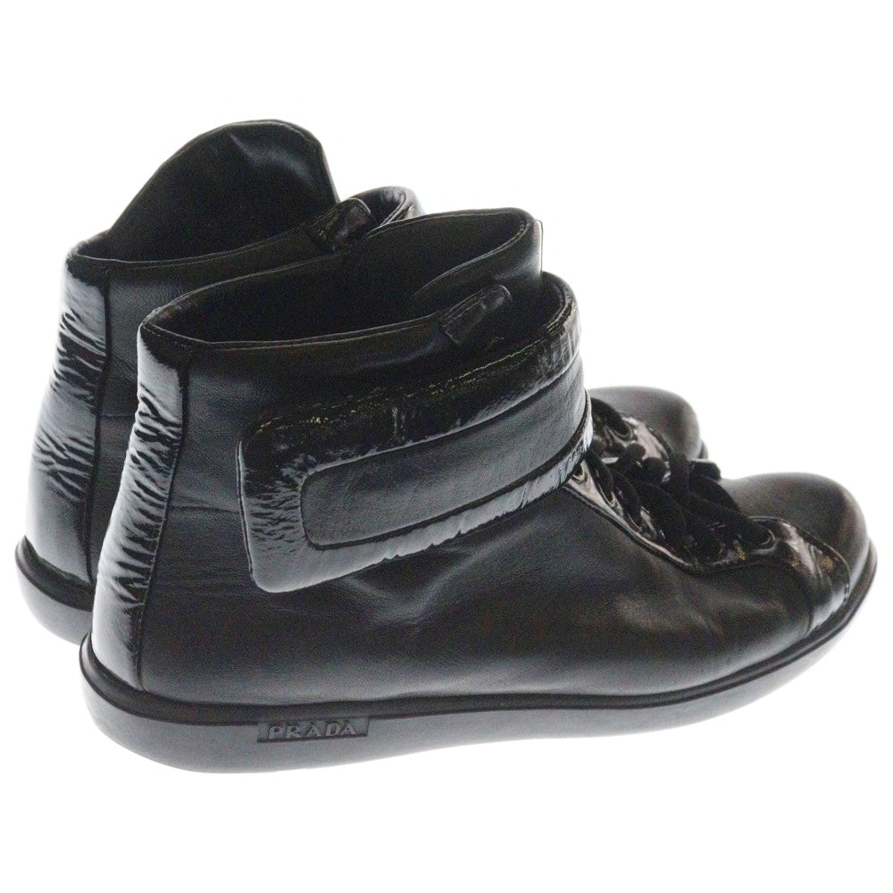PRADA(プラダ) ラバーロゴ パテント コンビレザー レースアップ ハイカットスニーカー シューズ ブラック レディース