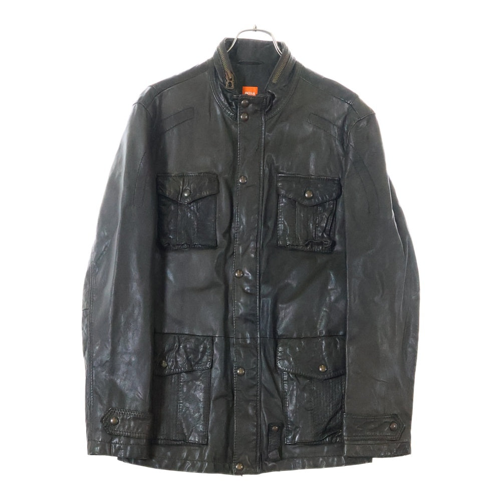 BOSS(ボス) レザージップアップブルゾン シングルレザージャケット フード付き ブラウン チェック 50