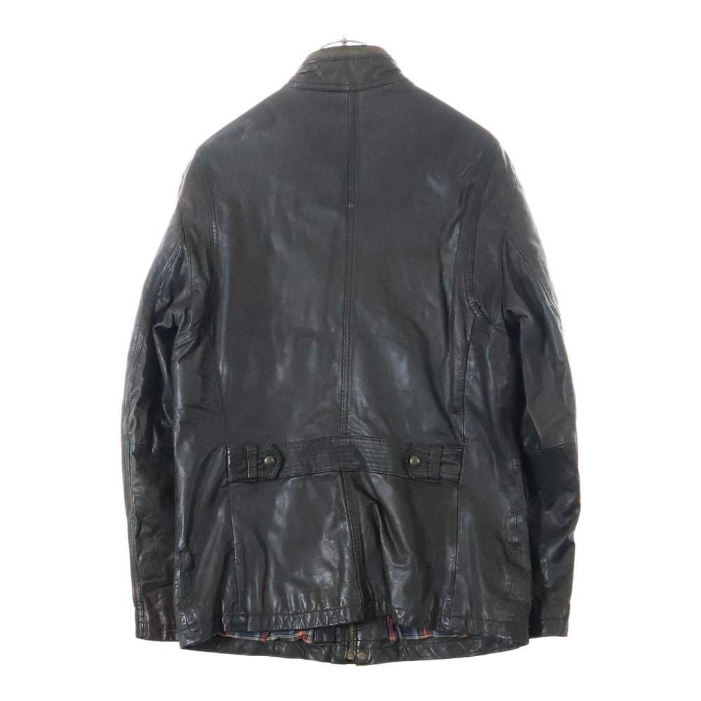 BOSS(ボス) レザージップアップブルゾン シングルレザージャケット フード付き ブラウン チェック 50