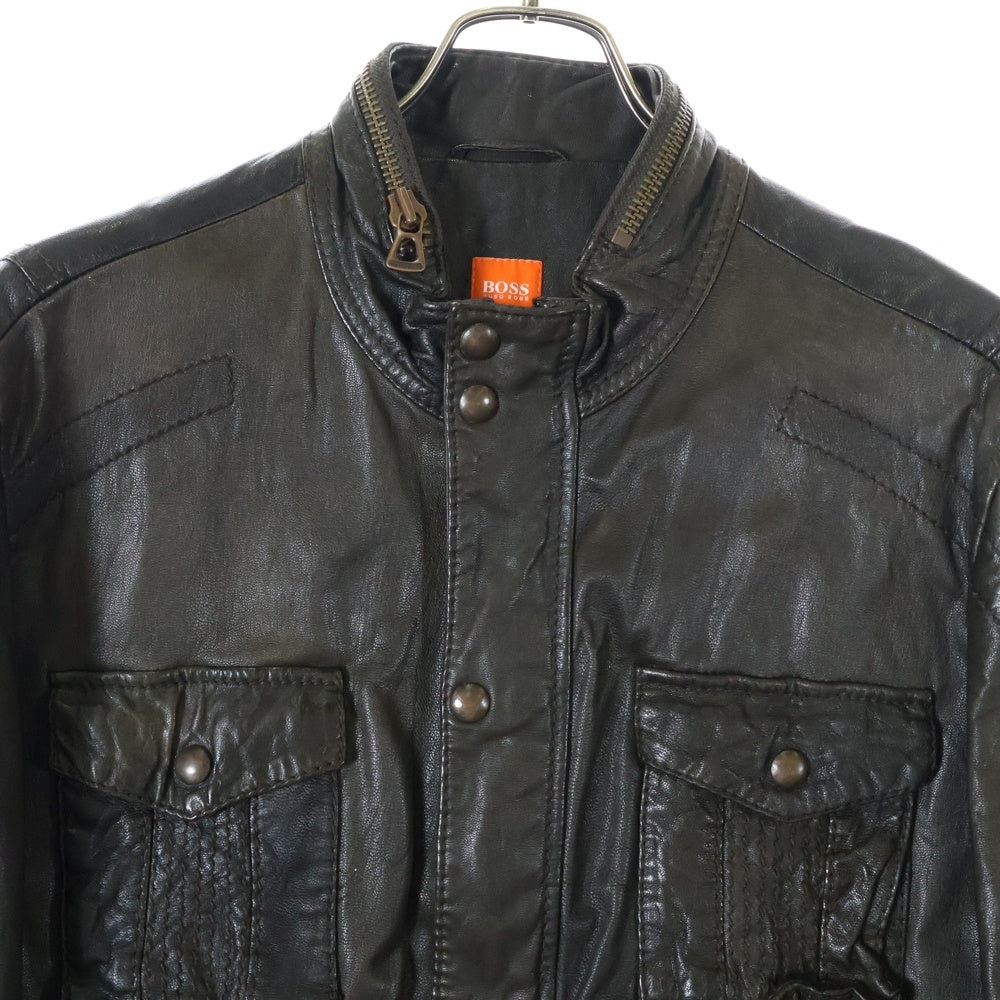 BOSS(ボス) レザージップアップブルゾン シングルレザージャケット フード付き ブラウン チェック 50