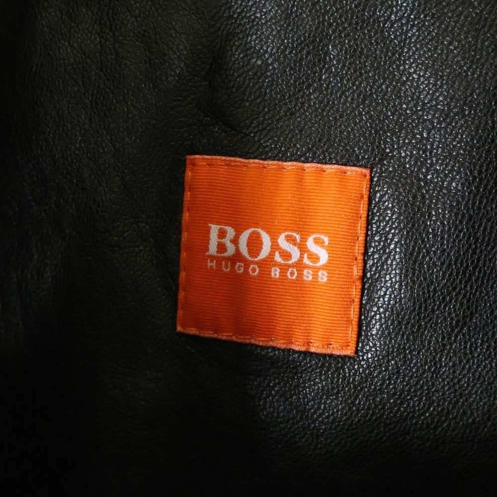 BOSS(ボス) レザージップアップブルゾン シングルレザージャケット フード付き ブラウン チェック 50