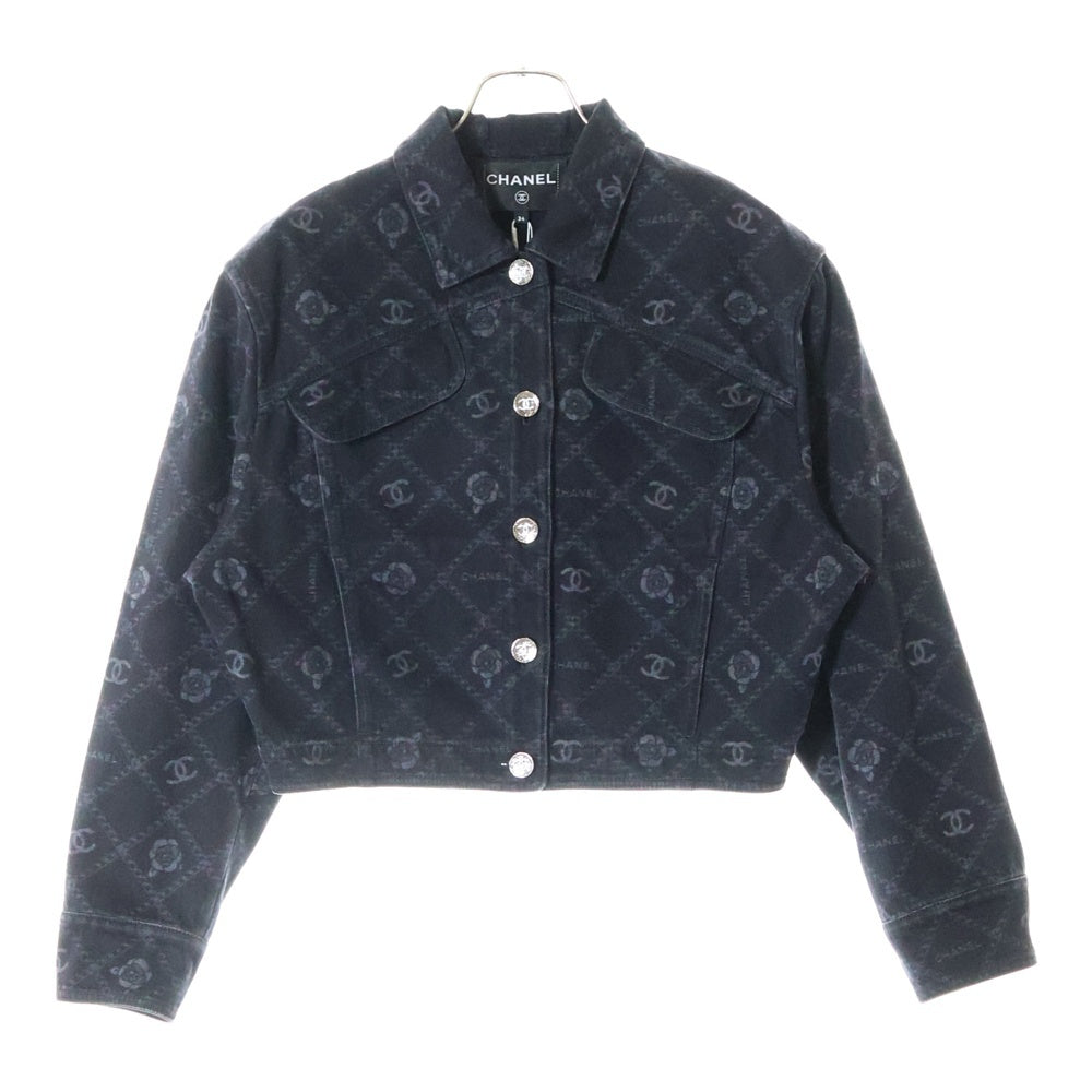 CHANEL(シャネル) メティエダールコレクション ココマークボタン カメリア チェーン プリント 総柄 デニムジャケット ブラック レディース P75284V66954