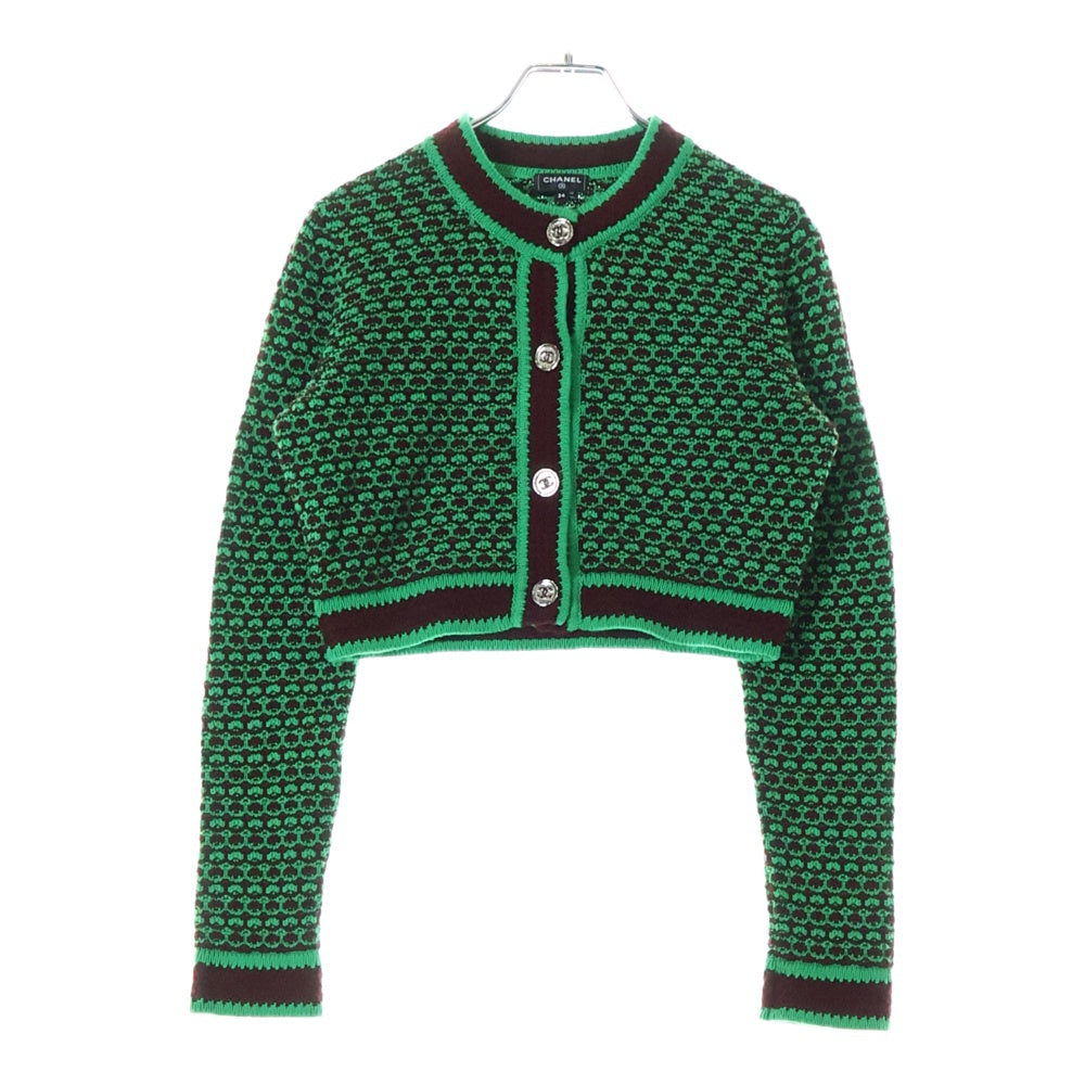 CHANEL(シャネル) ココマークボタン クロップド ショート丈 スタンドカラー カシミヤ ニットジャケット グリーン/ブラウン レディース P75450K10791
