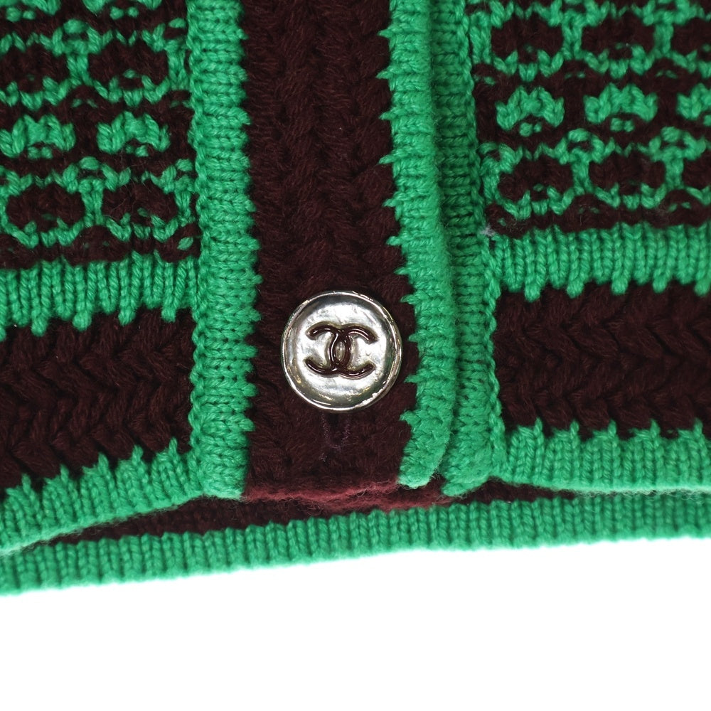 CHANEL(シャネル) ココマークボタン クロップド ショート丈 スタンドカラー カシミヤ ニットジャケット グリーン/ブラウン レディース P75450K10791