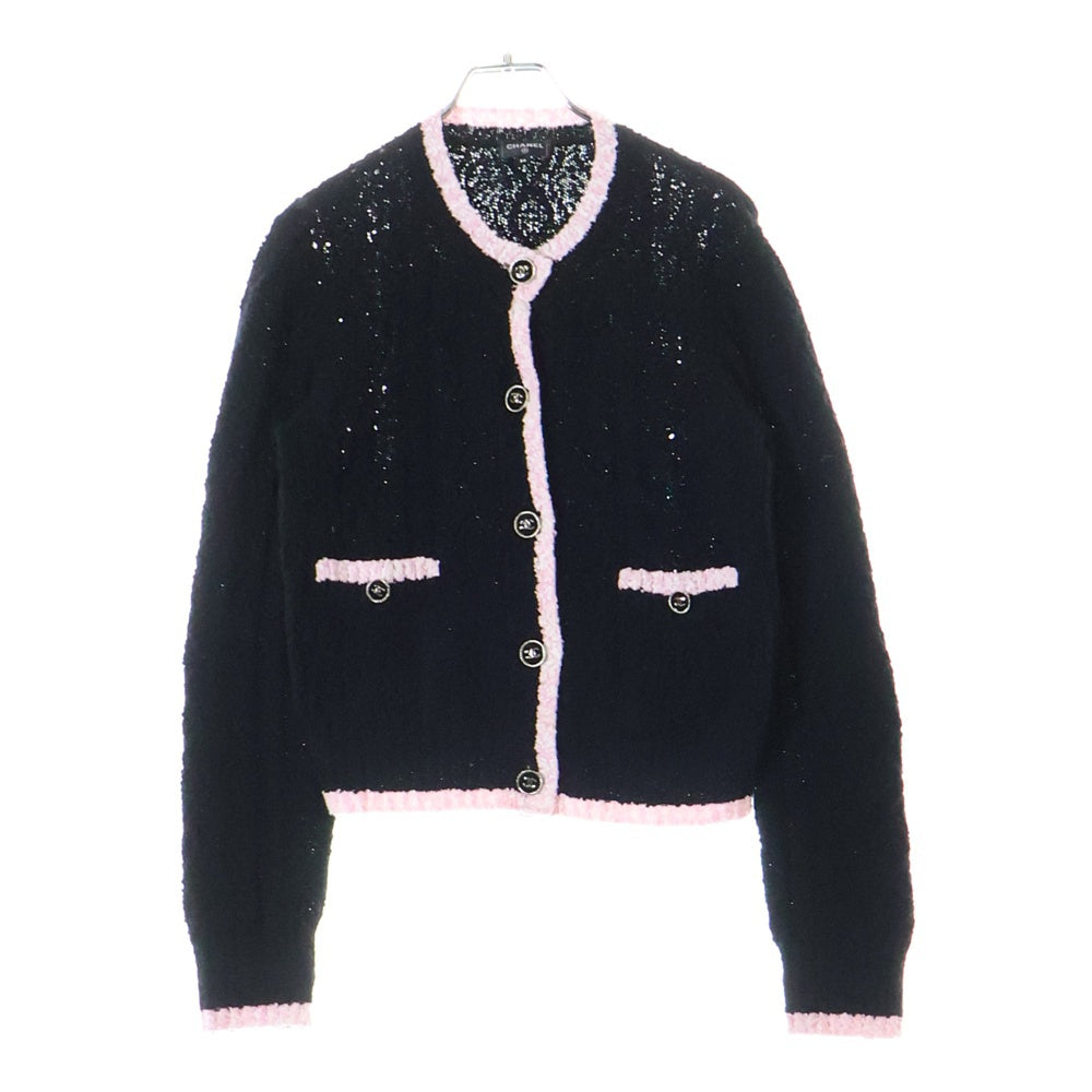 CHANEL(シャネル) ココマークボタン ノーカラー ファンシーニット カーディガン ブラック/ピンク レディース P76957K11092