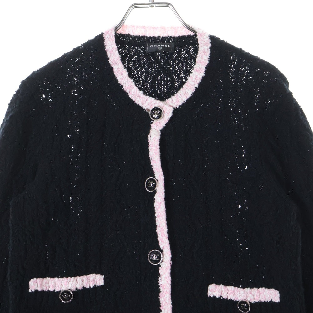 CHANEL(シャネル) ココマークボタン ノーカラー ファンシーニット カーディガン ブラック/ピンク レディース P76957K11092
