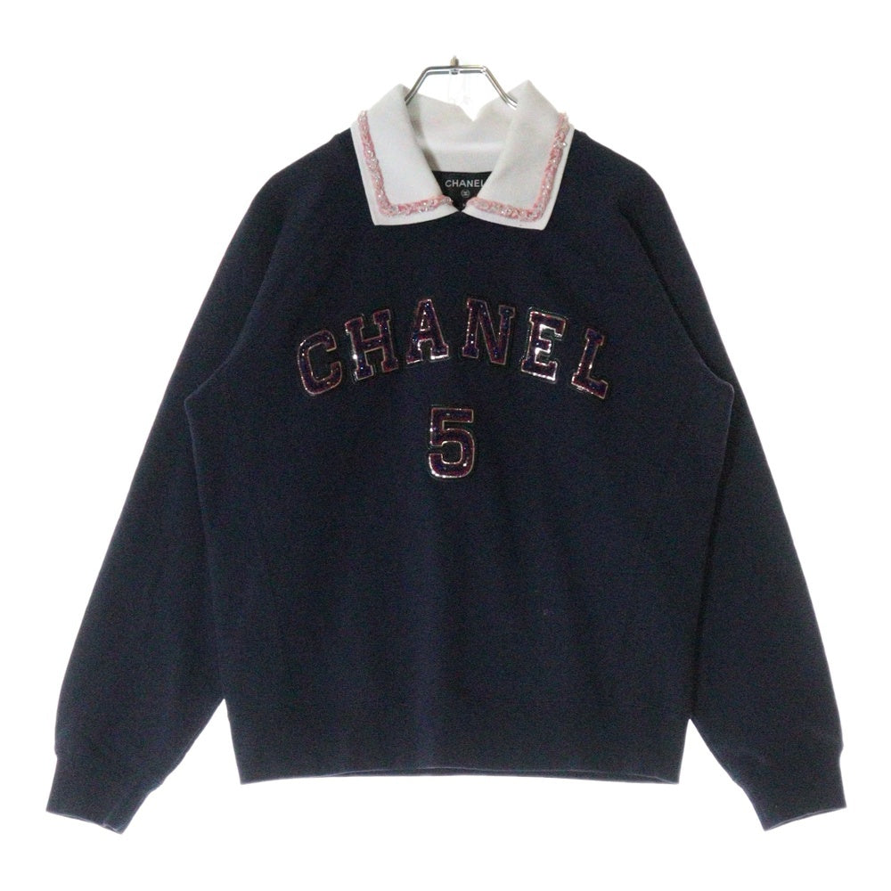 CHANEL(シャネル) スパンコール ビジュー ロゴ ワッペン ラグランスリーブ プルオーバースウェットトレーナー レディース ネイビー/ホワイト P74271K10697