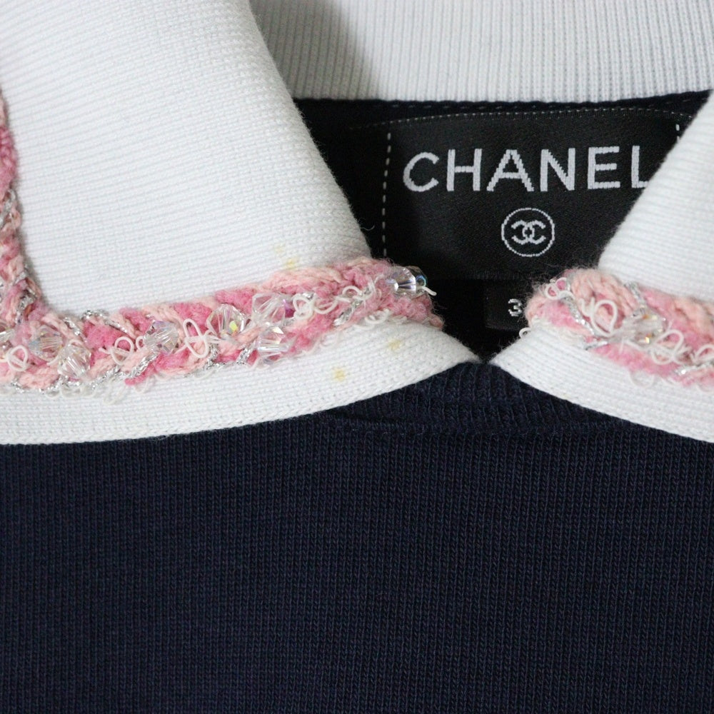 CHANEL(シャネル) スパンコール ビジュー ロゴ ワッペン ラグランスリーブ プルオーバースウェットトレーナー レディース ネイビー/ホワイト P74271K10697