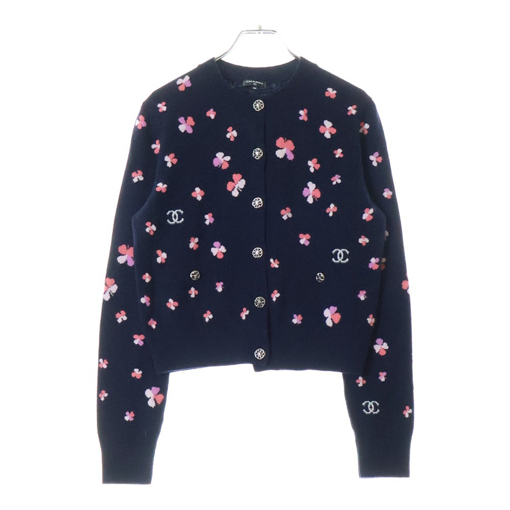CHANEL(シャネル) ココマークボタン クローバー ジャガード 総柄 ノーカラー カシミヤニット カーディガン ネイビー レディース P76929K11094