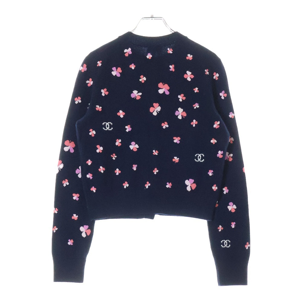 CHANEL(シャネル) ココマークボタン クローバー ジャガード 総柄 ノーカラー カシミヤニット カーディガン ネイビー レディース P76929K11094