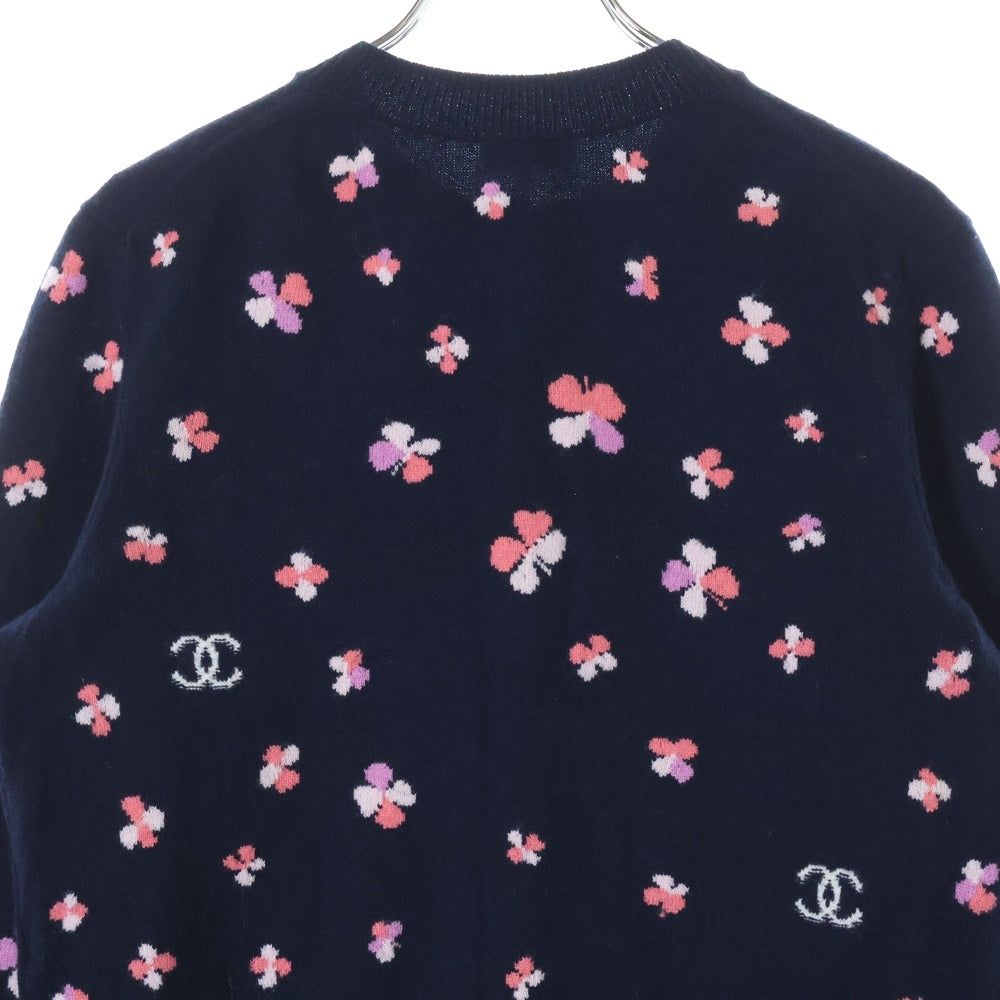 CHANEL(シャネル) ココマークボタン クローバー ジャガード 総柄 ノーカラー カシミヤニット カーディガン ネイビー レディース P76929K11094