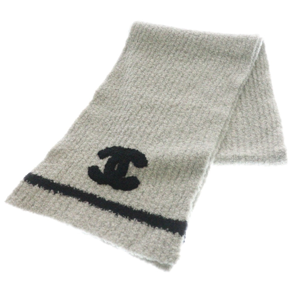 CHANEL(シャネル) ココマーク シルク混 カシミヤ ニット ロング マフラー グレー/ブラック