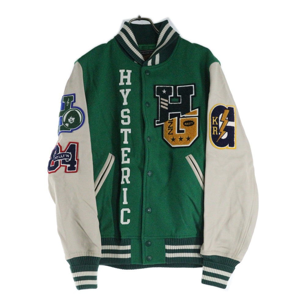 HYSTERIC GLAMOUR(ヒステリックグラマー) HG-OVERLAP-LOGO オーバーラップ ワッペンロゴ レザー切り替え ウール スナップボタン ジャケット スタジャン グリーン 02193AB12