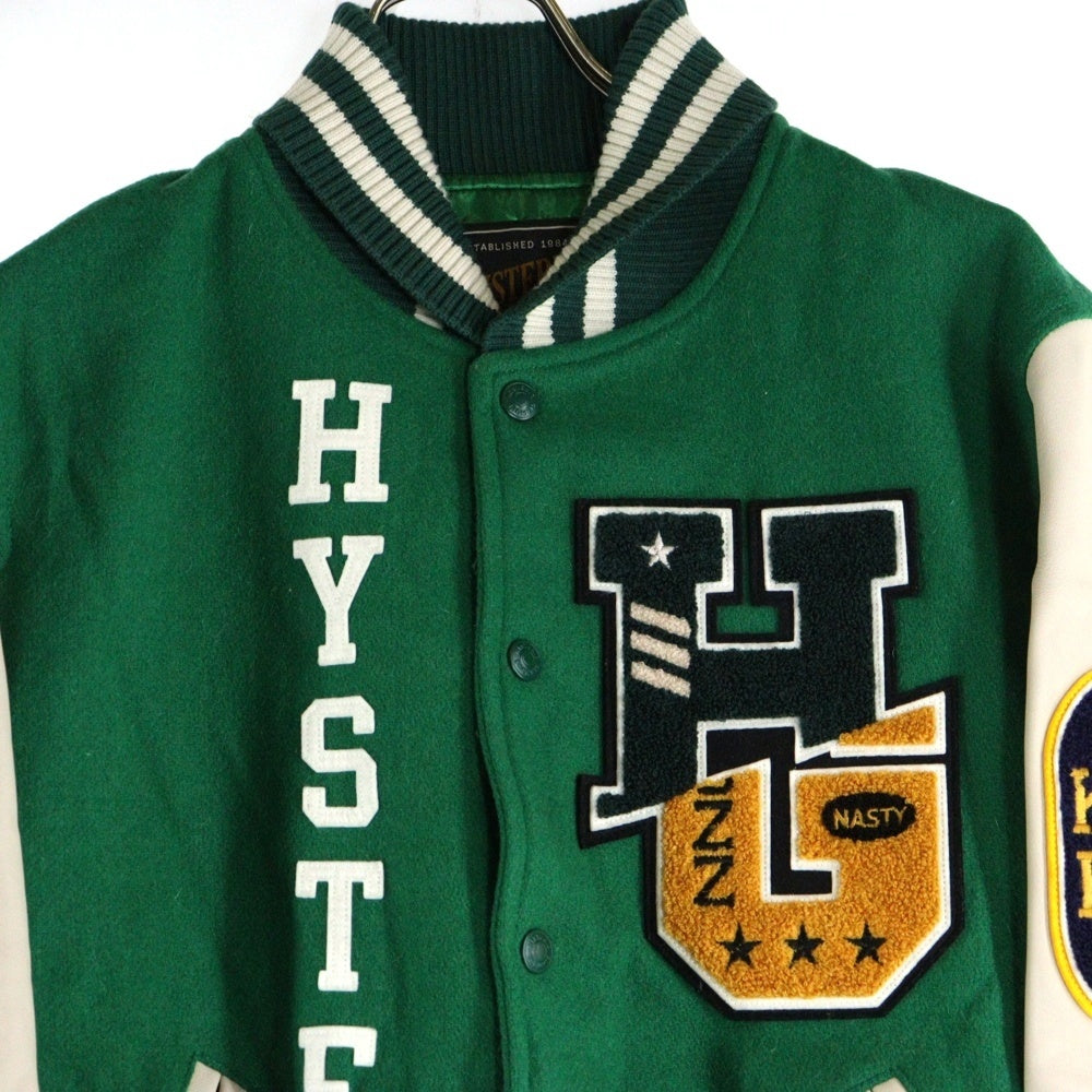 HYSTERIC GLAMOUR(ヒステリックグラマー) HG-OVERLAP-LOGO オーバーラップ ワッペンロゴ レザー切り替え ウール スナップボタン ジャケット スタジャン グリーン 02193AB12