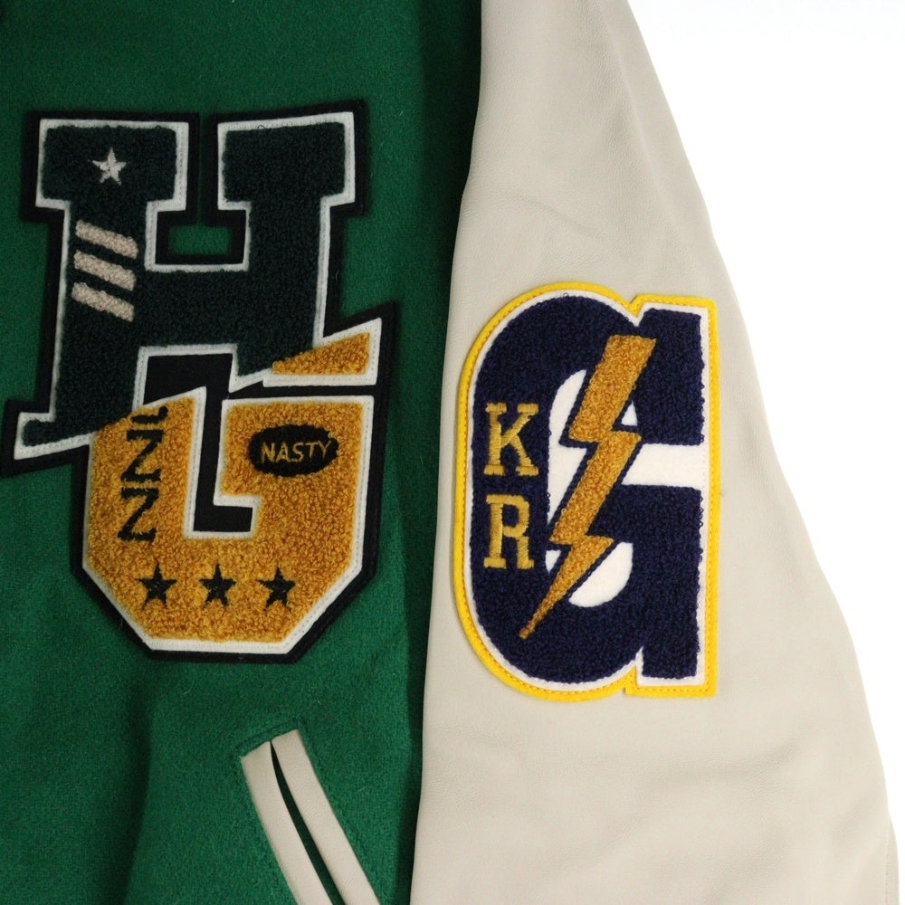 HYSTERIC GLAMOUR(ヒステリックグラマー) HG-OVERLAP-LOGO オーバーラップ ワッペンロゴ レザー切り替え ウール スナップボタン ジャケット スタジャン グリーン 02193AB12
