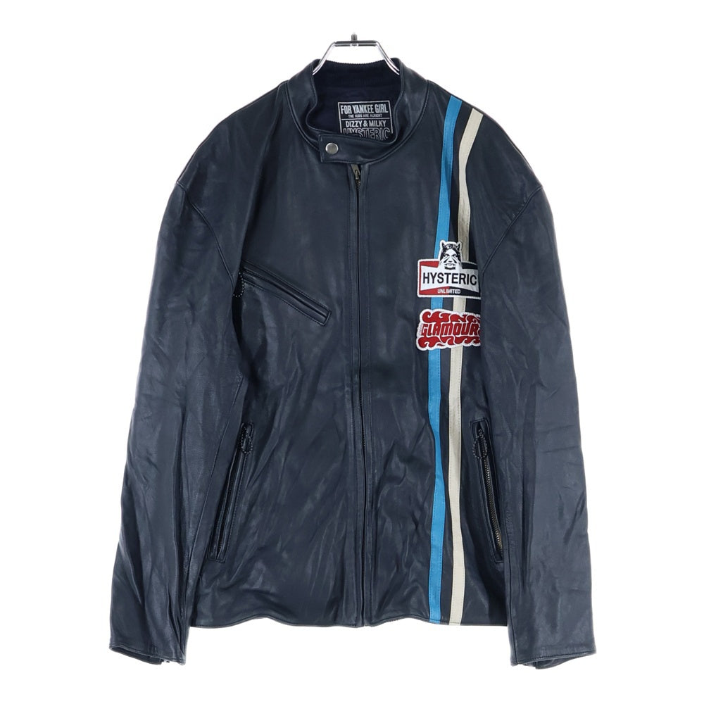 HYSTERIC GLAMOUR(ヒステリックグラマー) ゴートレザー ワッペンロゴ ストライプ ジップアップ ライダースジャケット ネイビー 02213LB02