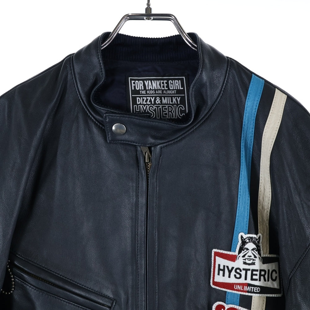 HYSTERIC GLAMOUR(ヒステリックグラマー) ゴートレザー ワッペンロゴ ストライプ ジップアップ ライダースジャケット ネイビー 02213LB02