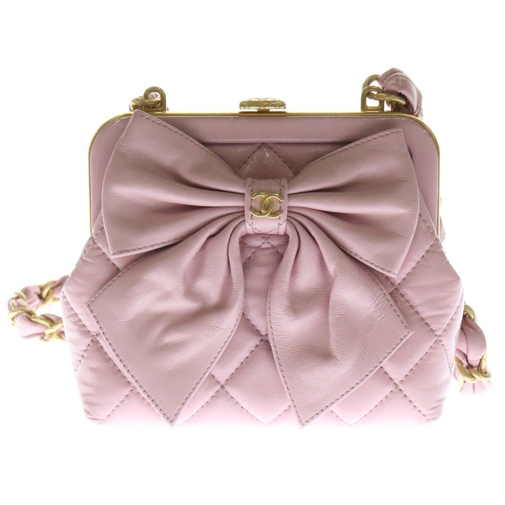 CHANEL(シャネル) CCリボン チェーンクラッチバッグ ピンク レザー ゴールド金具 がま口 財布 ウォレット AP4028