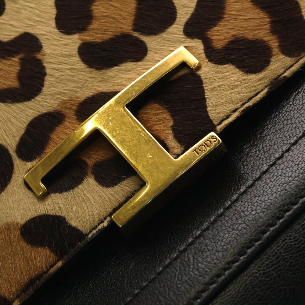 TOD'S(トッズ) Tタイムレス ロゴプレート ハラコ レオパード柄 レザー 2WAY ハンド ショルダーバッグ ゴールド金具 ブラック/ブラウン