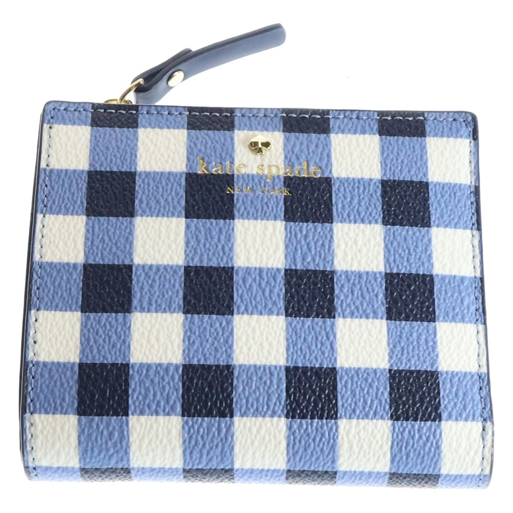 Kate Spade(ケイトスペード) コンパクトウォレット 二つ折り財布 コインケース カードケース ホワイト×ブルー ゴールド金具 チェック レザー
