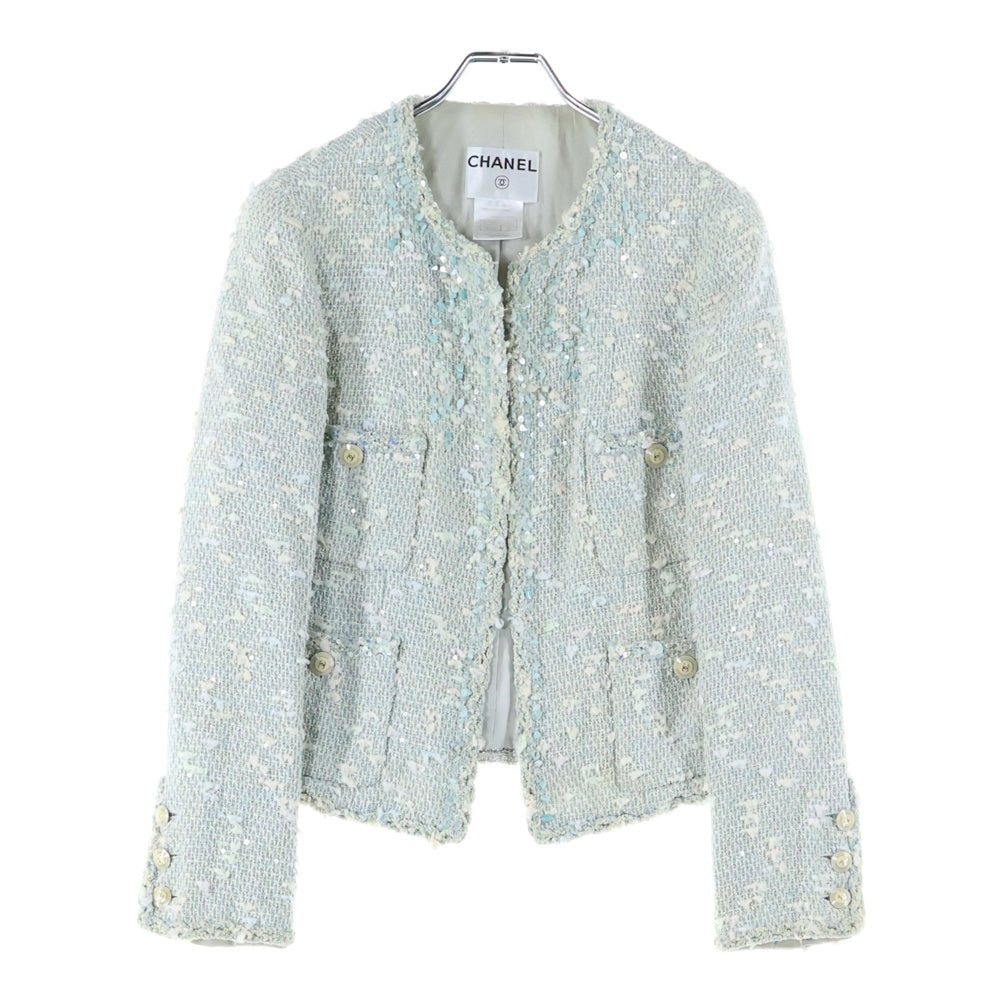 CHANEL(シャネル) 07C クルーズコレクション ココマークボタン ストーン スパンコール 装飾 ファンシーツイード ノーカラー ジャケット ライトブルー レディース P29904V16316