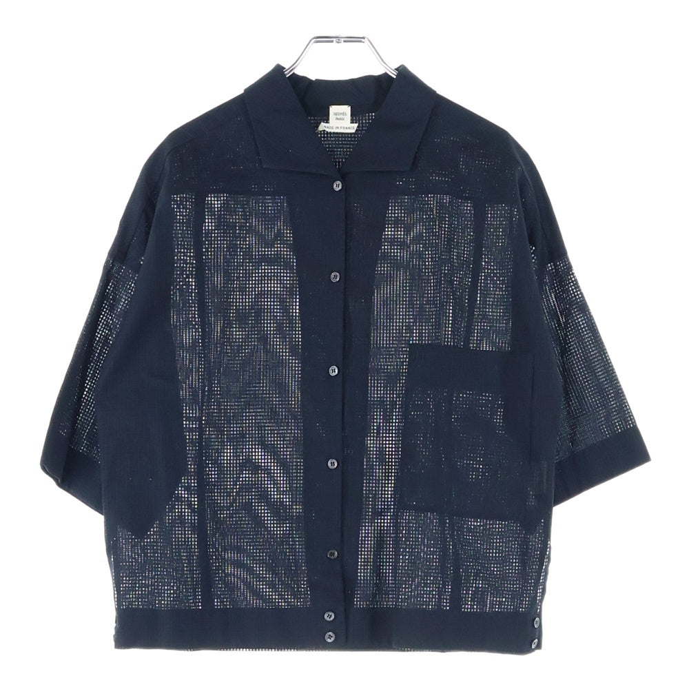 HERMES(エルメス) Hロゴ刺繍 シースルー コットン 半袖シャツ ブラック  