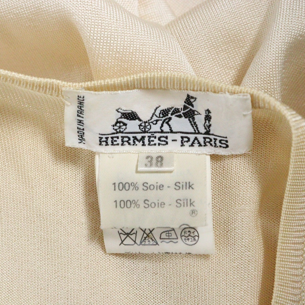 HERMES(エルメス) セリエボタン シルク カー プリント柄 スカーフ ニット切り替え クルーネック カーディガン ベージュ レディース