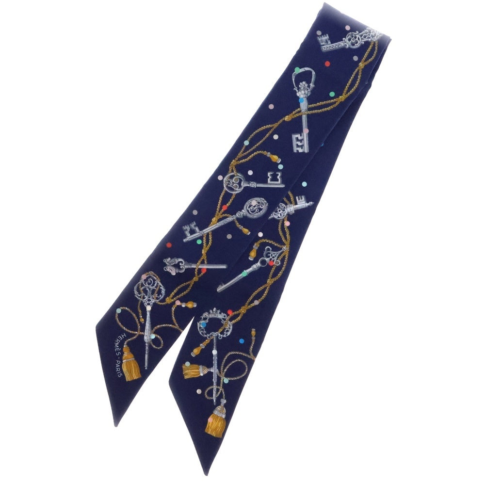 HERMES(エルメス) Les Cles a Pois レクレアポア ツイリー シルク総柄スカーフ ネイビー レディース