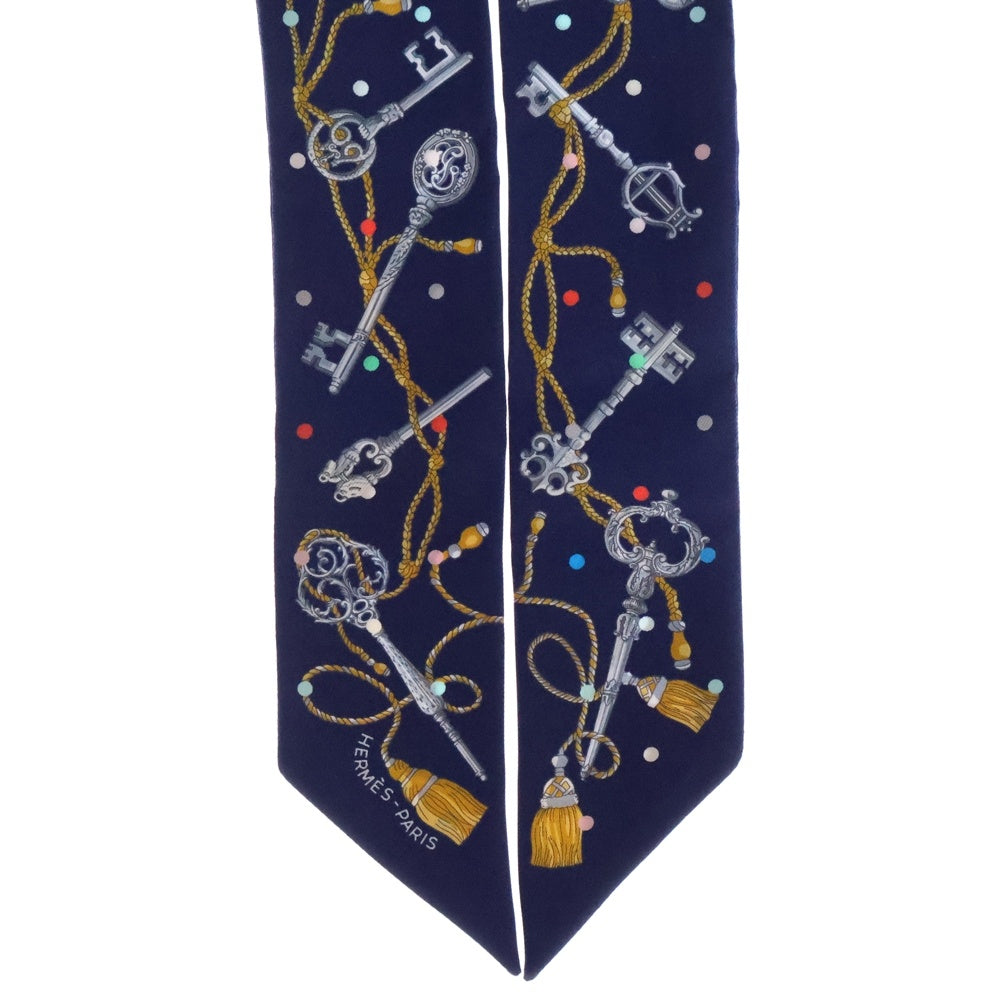 HERMES(エルメス) Les Cles a Pois レクレアポア ツイリー シルク総柄スカーフ ネイビー レディース