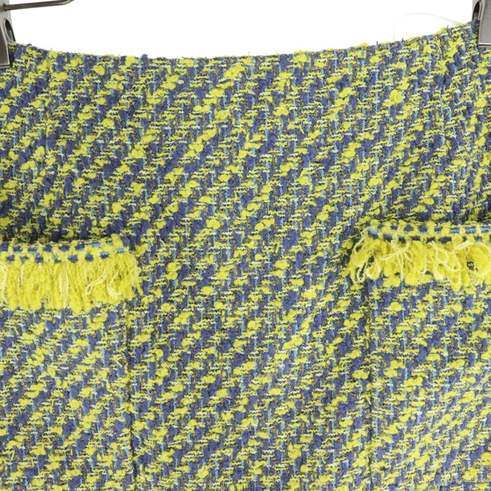 LOUIS VUITTON(ルイヴィトン) 14SS コットン ツイード フリンジ セミフレア ミニ スカート イエロー/ブルー レディース RW141A F5SK 14BTX