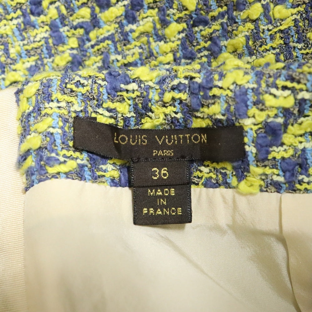 LOUIS VUITTON(ルイヴィトン) 14SS コットン ツイード フリンジ セミフレア ミニ スカート イエロー/ブルー レディース RW141A F5SK 14BTX