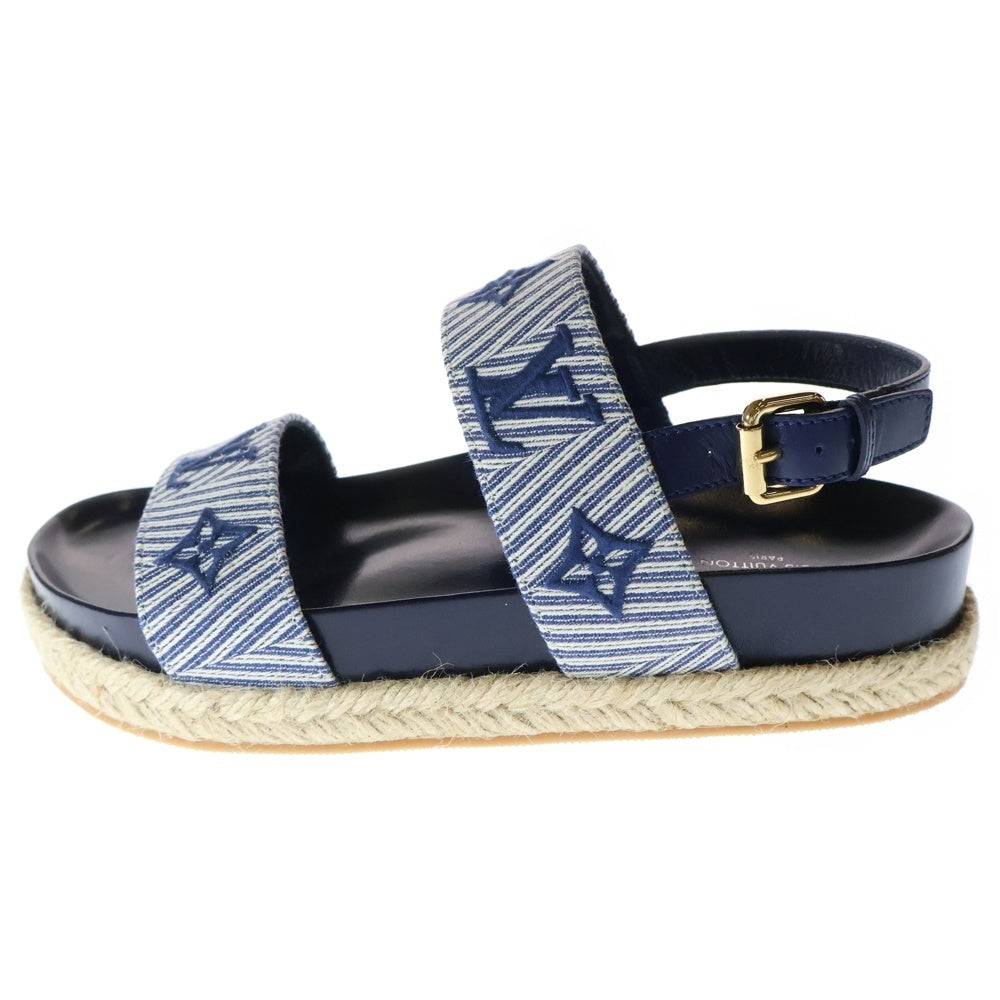LOUIS VUITTON(ルイヴィトン) セイルアウェイ マリーヌ モノグラム キャンバス レザー エスパドリーユ ストラップ フラット サンダル シューズ ネイビー レディース
