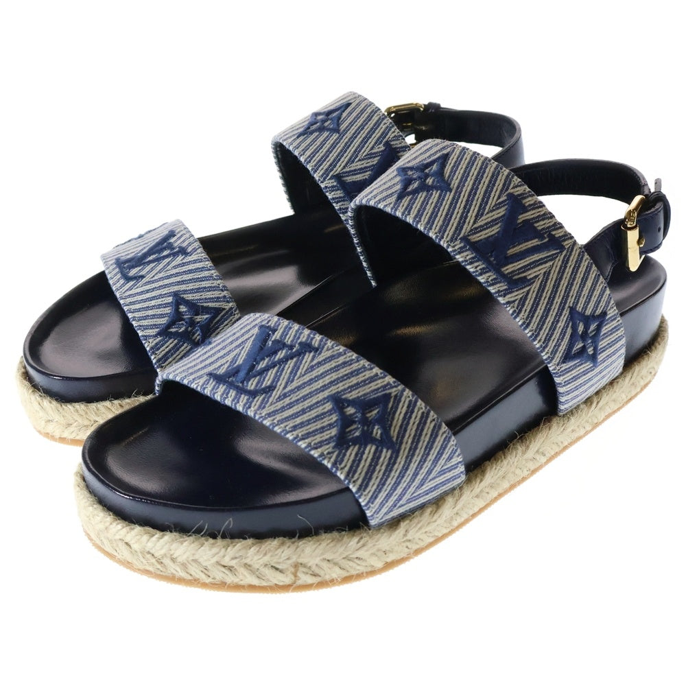 LOUIS VUITTON(ルイヴィトン) セイルアウェイ マリーヌ モノグラム キャンバス レザー エスパドリーユ ストラップ フラット サンダル シューズ ネイビー レディース